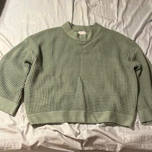Sage green waffle crewneck sweater with bell sleeve
